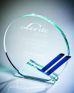 Clear Glass Round Stand with Blue Trim (In Presentation Case)