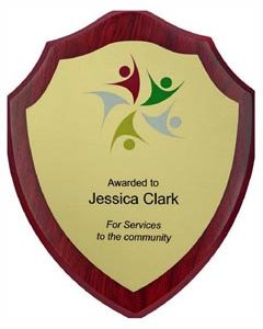 Wood Shield Award with Colour Laminate Front - PLEASE SPECIFY COLOUR IN NOTES