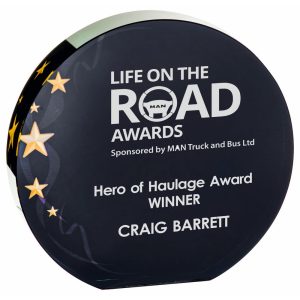 Circlular Glass Award - Black Background with Gold Stars