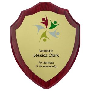 Wood Shield Award with Colour Laminate Front - PLEASE SPECIFY COLOUR IN NOTES
